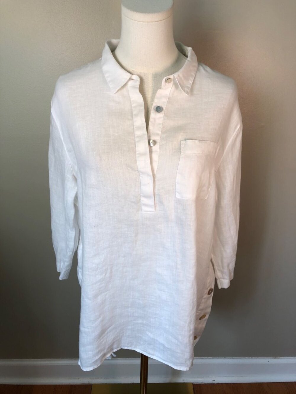 J Jill 100% Linen 3/4 Sleeve White Pullover Tunic Minimalist Size L Petite
